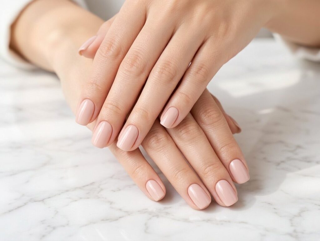Perfectly fitted press-on nails on woman's hands showing seamless cuticle fit