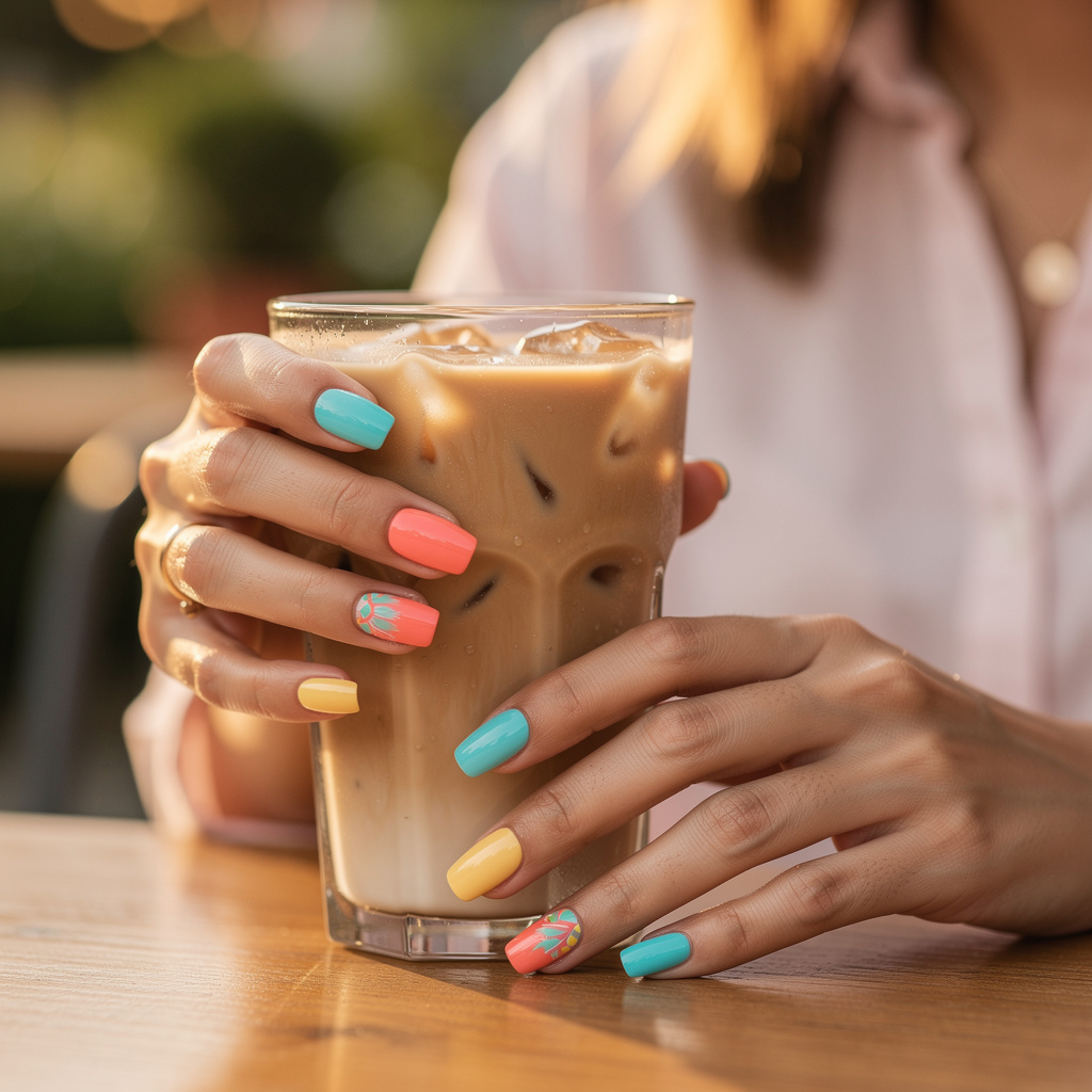 Woman showing salon-quality press-on nails with perfect fit holding iced coffee