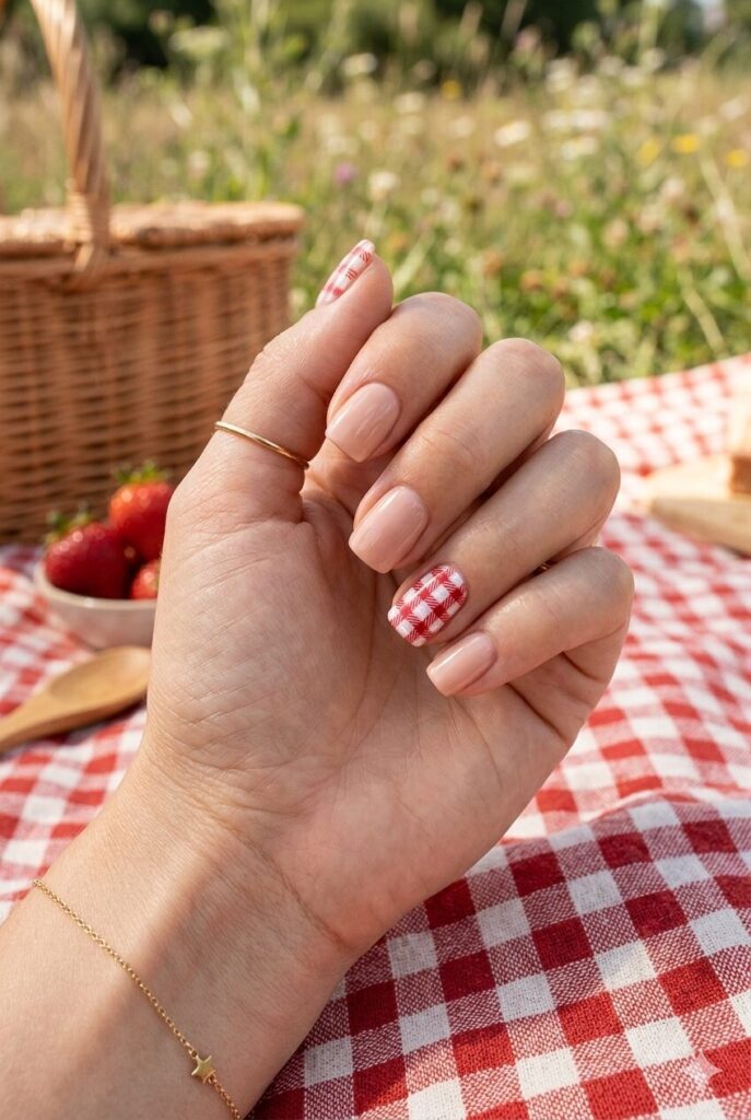Short square nails with red and white plaid print details