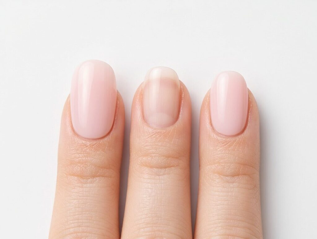 Comparison of press-on nail sizing showing too big, too small, and perfect fit on three