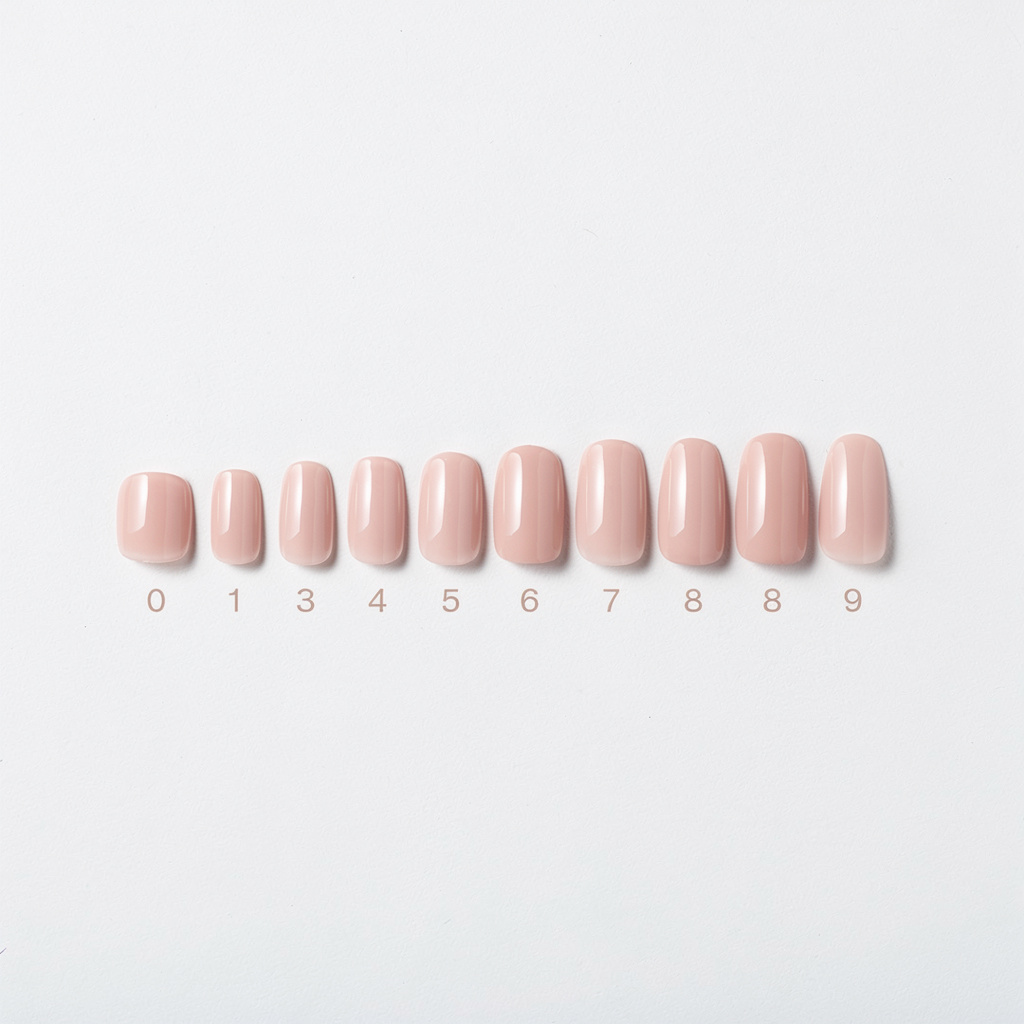Complete press-on nail set arranged by size from 0 to 9 for sizing reference