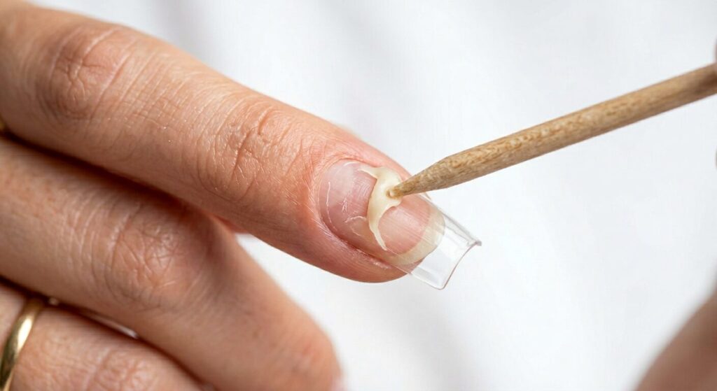 Softened gel x being gently pushed off the nail during gel x removal at home