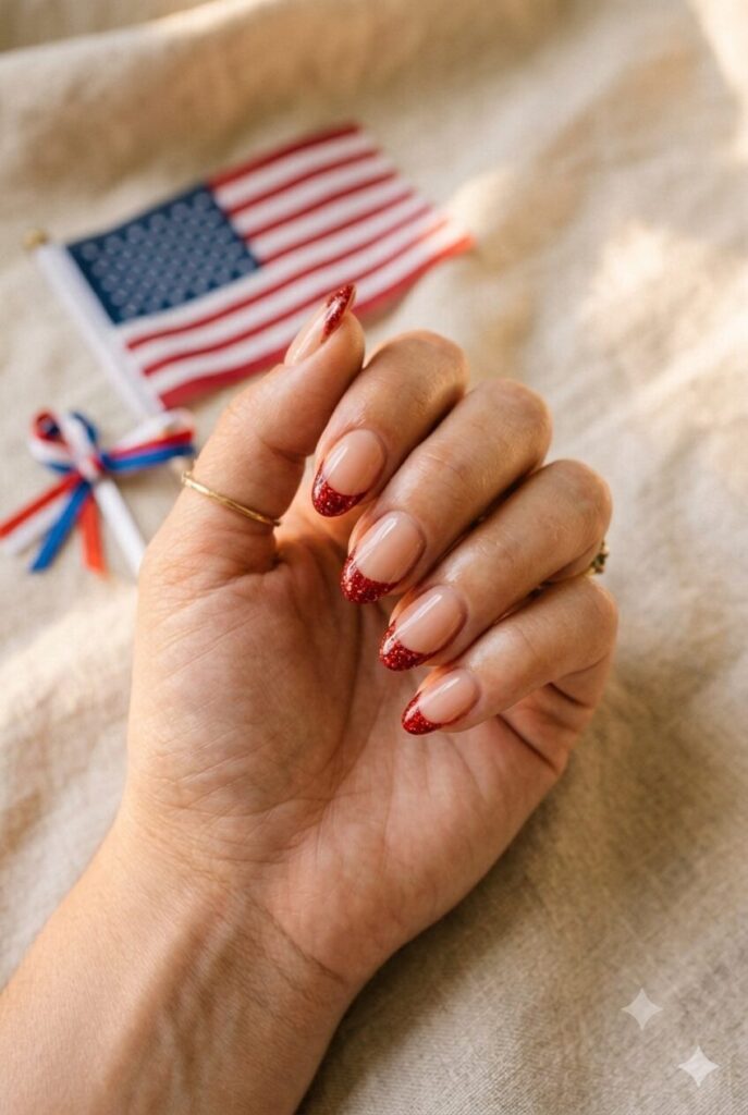 Short almond nails with nude base and red glitter French tips