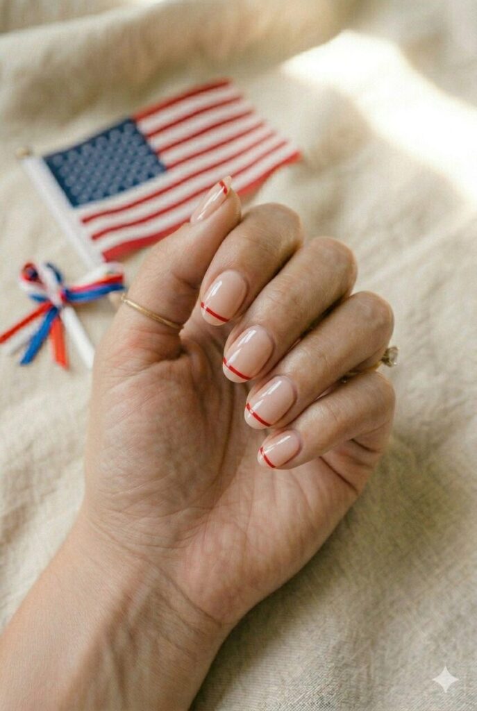 Short oval nails with nude base and thin red stripe accents