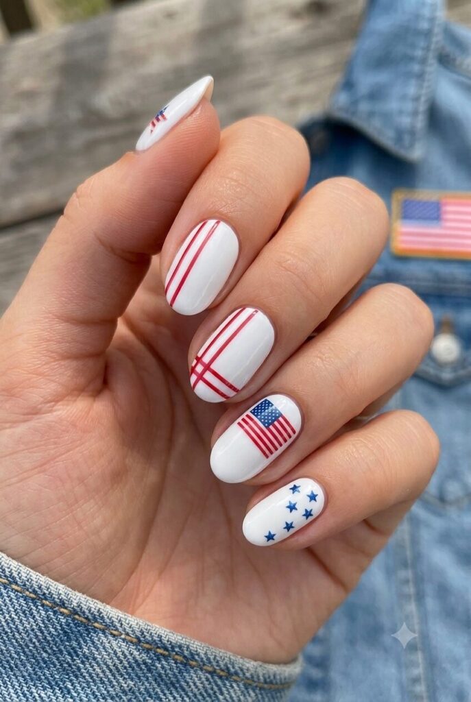 Short almond nails with white base red stripes and tiny blue star accents
