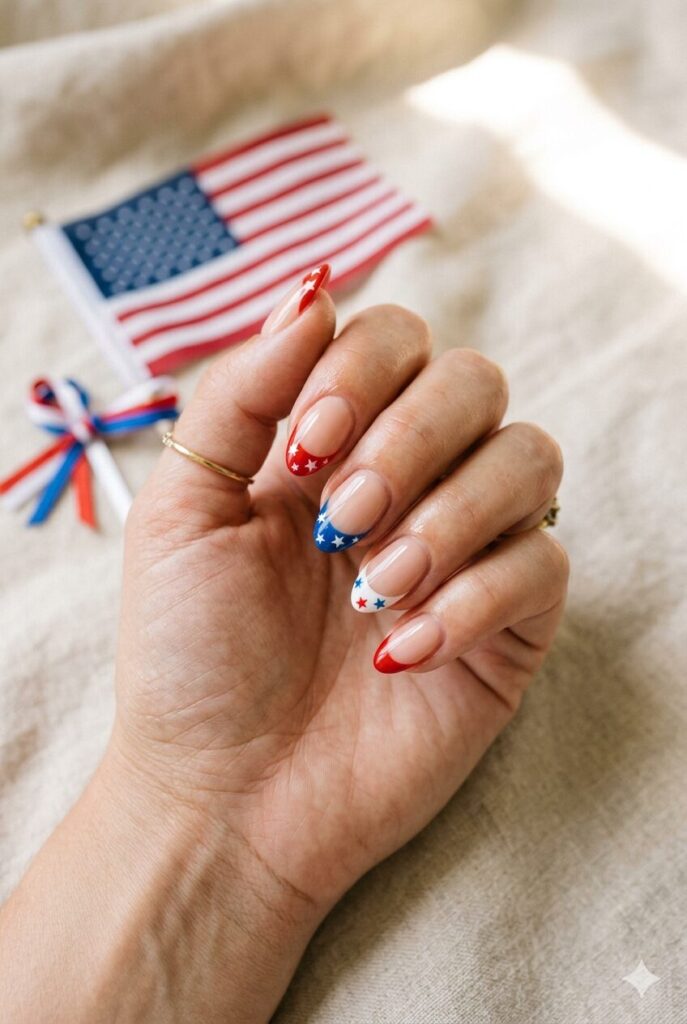Short almond nails with red white and blue French tips