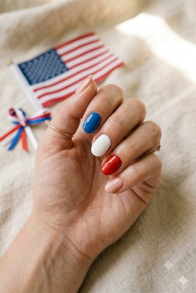 Short oval mismatch nails in red white blue and nude patriotic shades