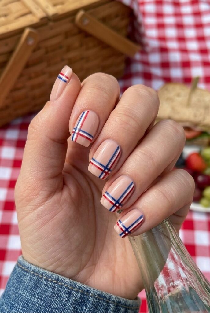 Short square nails with nude base and tiny red white blue plaid print accents