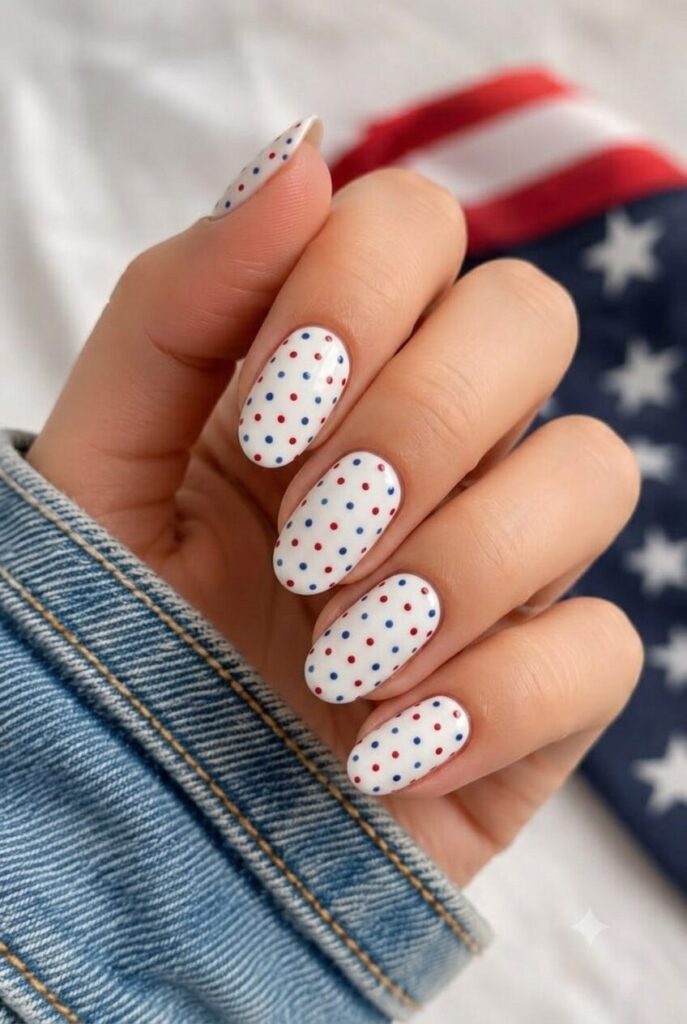Short oval nails with white base and tiny red and blue polka dots