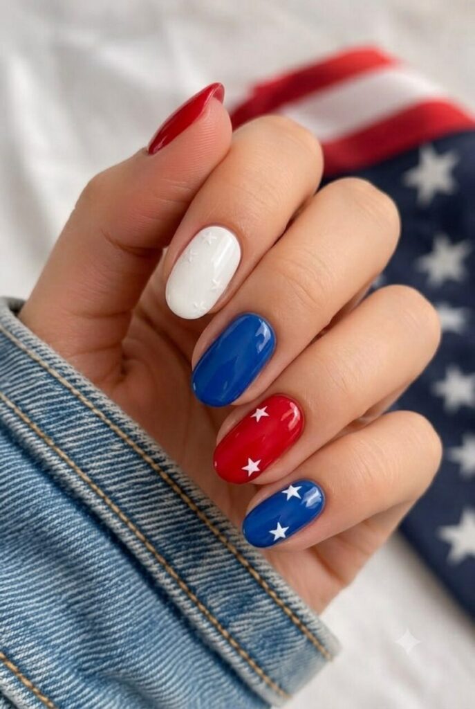 Short oval mismatch nails in red white blue with tiny star accents