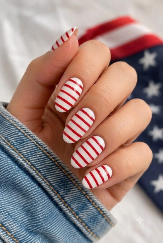Short oval nails with white base and thin red stripe details