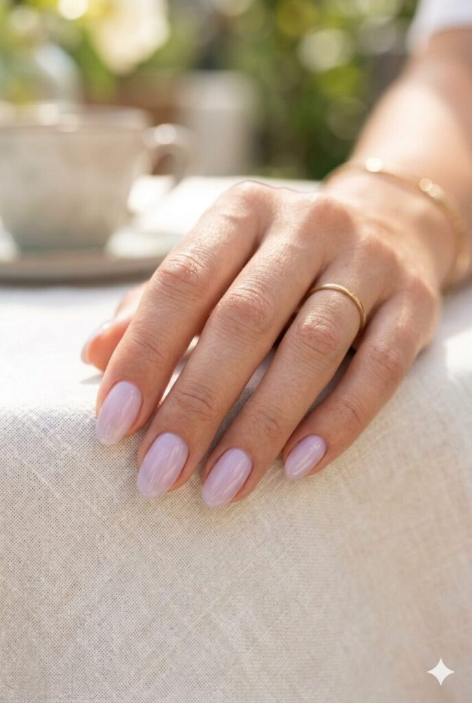 Short oval nails with soft sheer lavender glossy polish