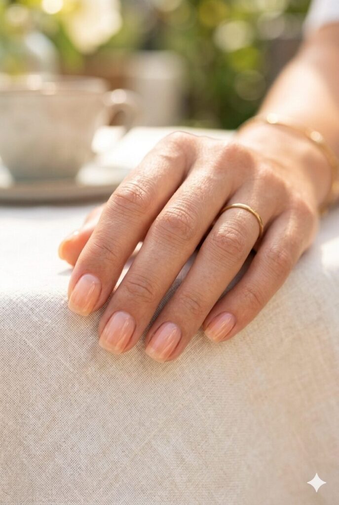 Short squoval nails with sheer peach glossy polish