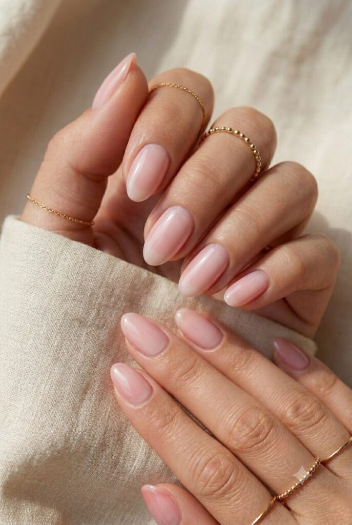 Short almond nails with sheer strawberry pink summer polish