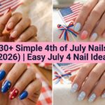 Collage of simple 4th of July nails for 2026 with patriotic red white blue designs