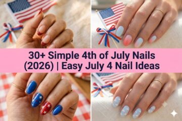 Collage of simple 4th of July nails for 2026 with patriotic red white blue designs
