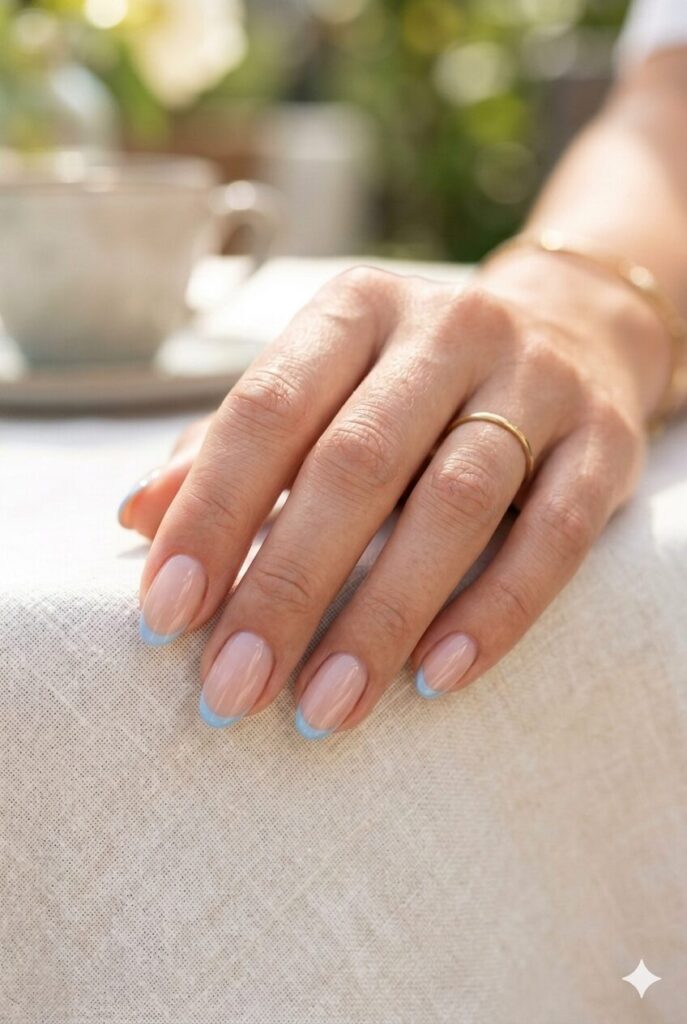 Short almond nails with nude base and sky blue French tips