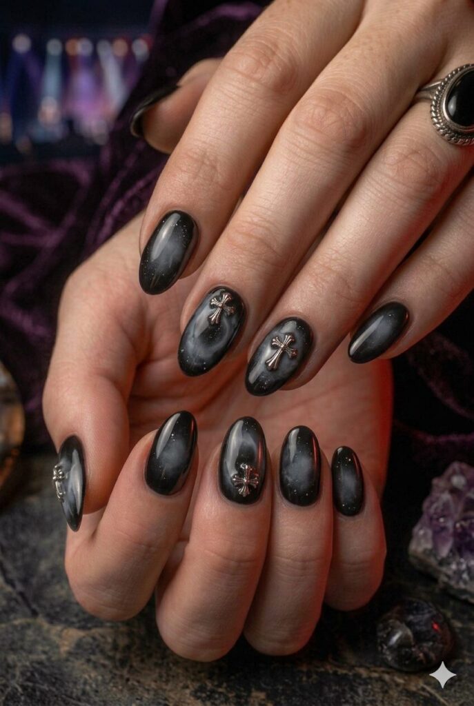Almond nails with black polish and smoky gray aura glow center