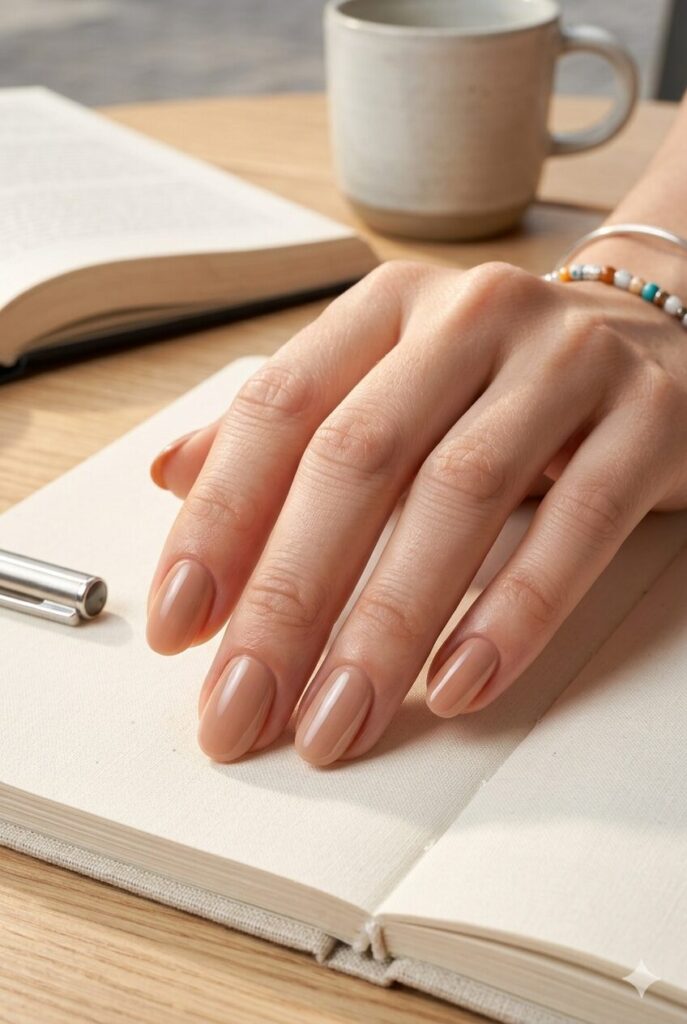 Short oval nails with soft beige glazed glossy polish