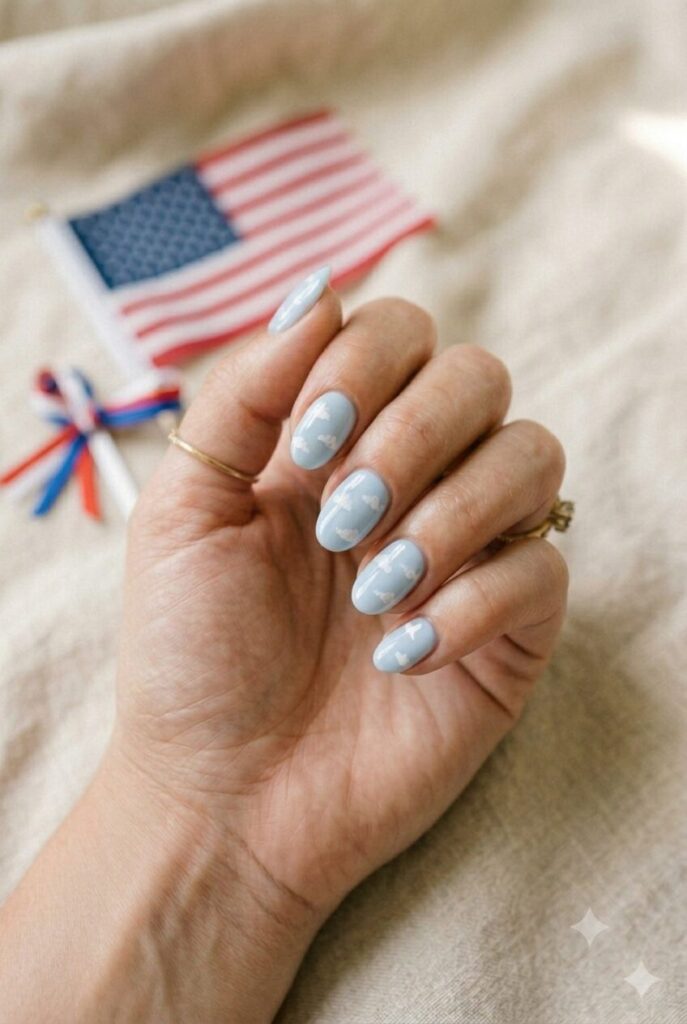 Short oval nails with pale blue polish and tiny white cloud accents