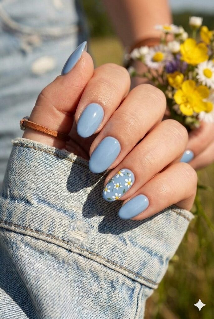 Short oval nails with soft blue base and tiny white floral accents