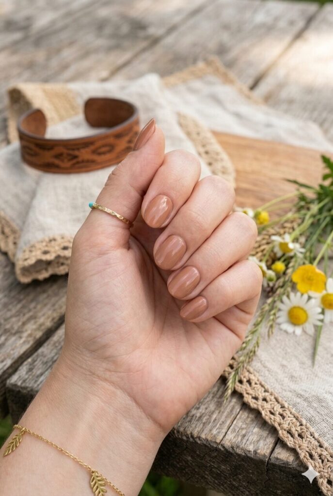 Short almond nails with soft warm brown creamy glossy polish