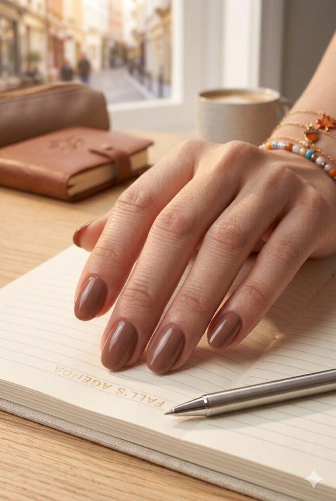 Short oval nails with soft cocoa brown glossy polish