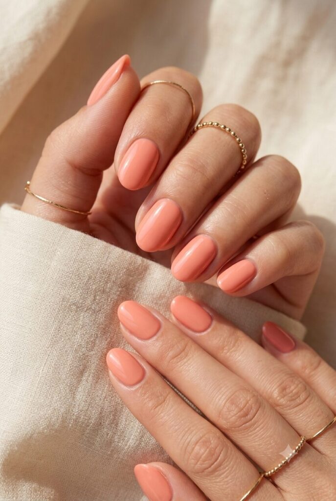 Short oval nails with soft coral glossy summer polish