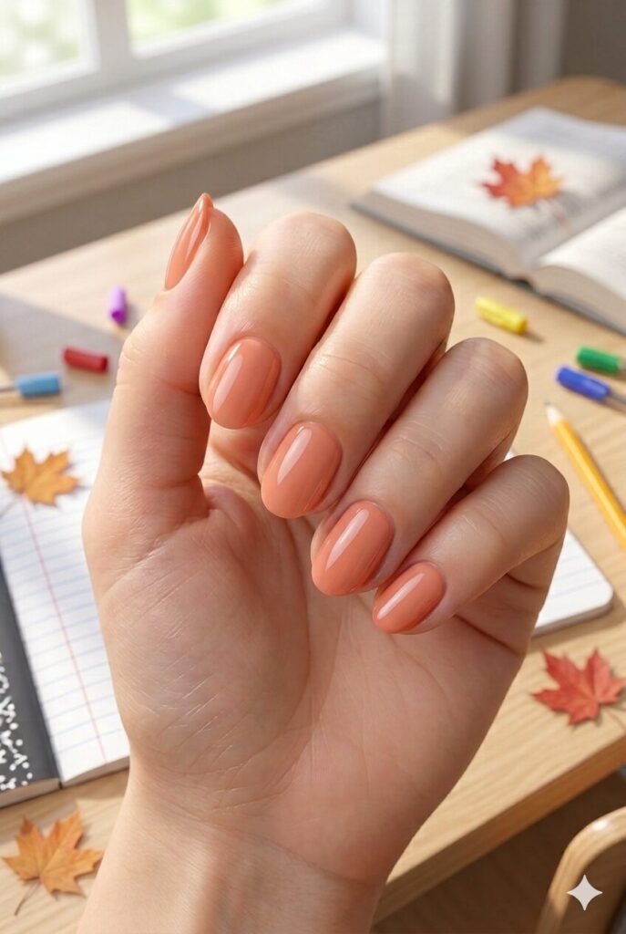 Short oval nails with soft coral glossy polish