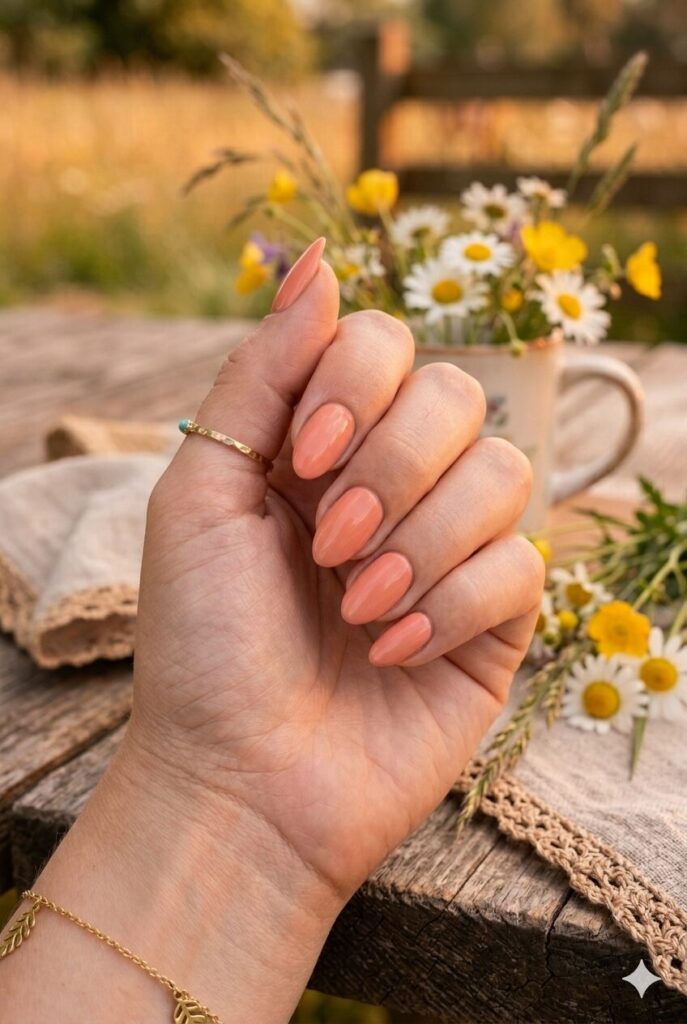 Short almond nails with soft coral glossy country polish