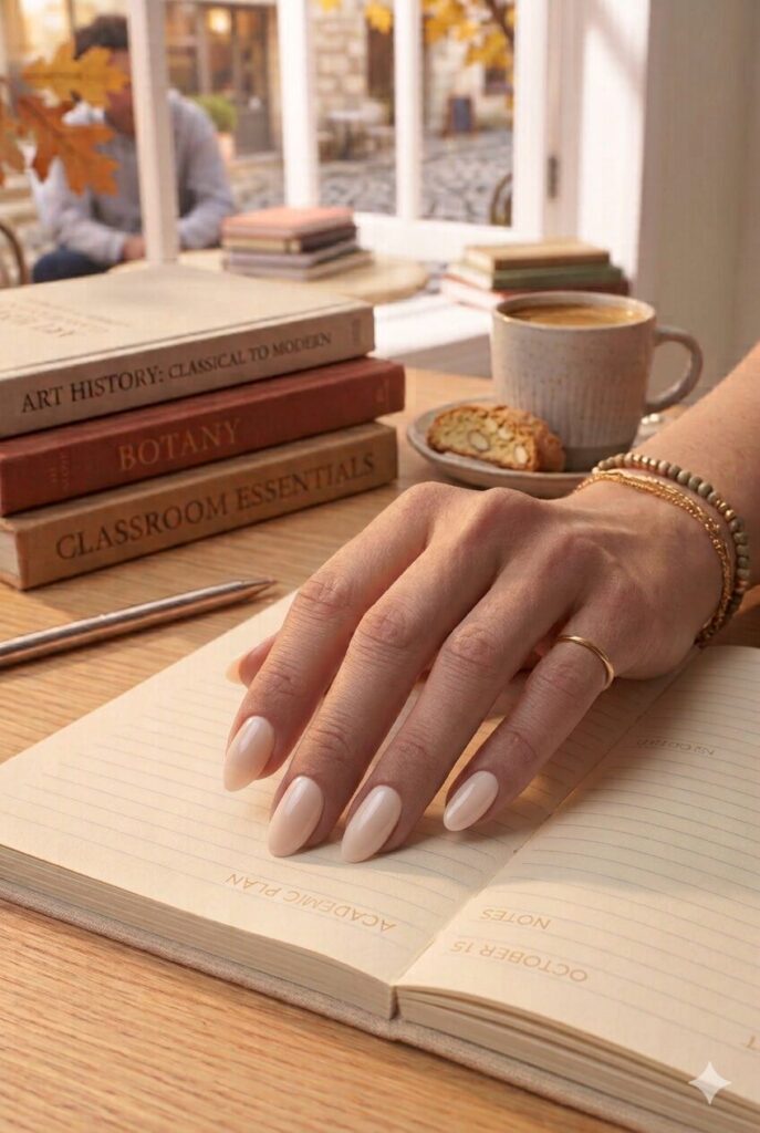 Short almond nails with soft cream glazed glossy polish