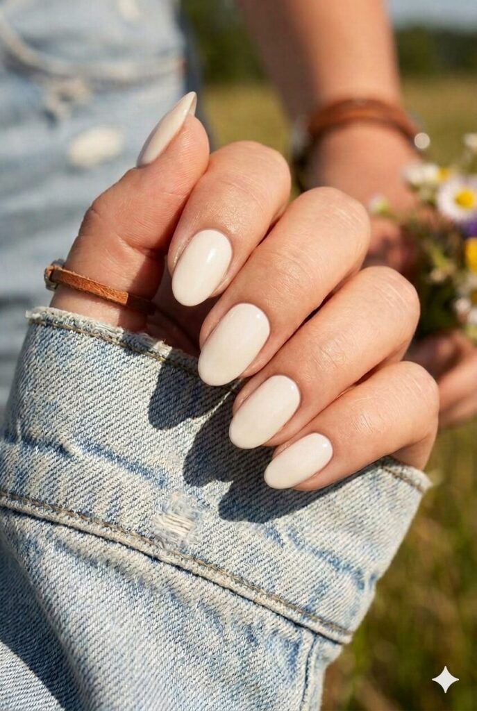 Short almond nails with soft cream glossy country polish