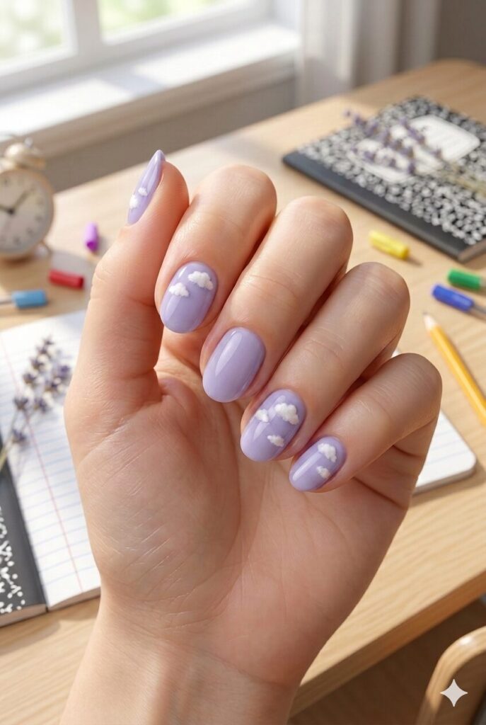 Short oval nails with soft lavender polish and tiny white cloud accents