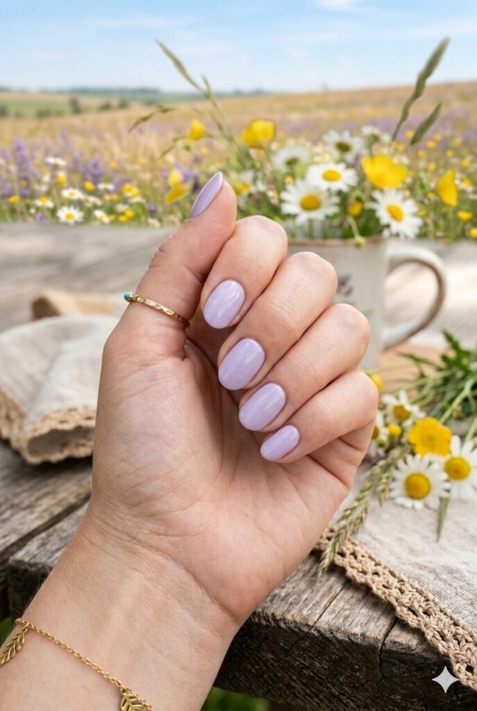 Short oval nails with soft lavender glossy country polish