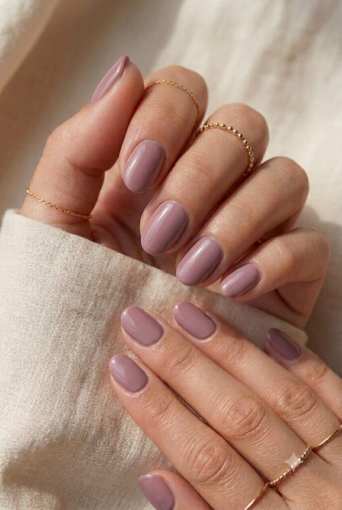 Short oval nails with creamy mauve glossy polish