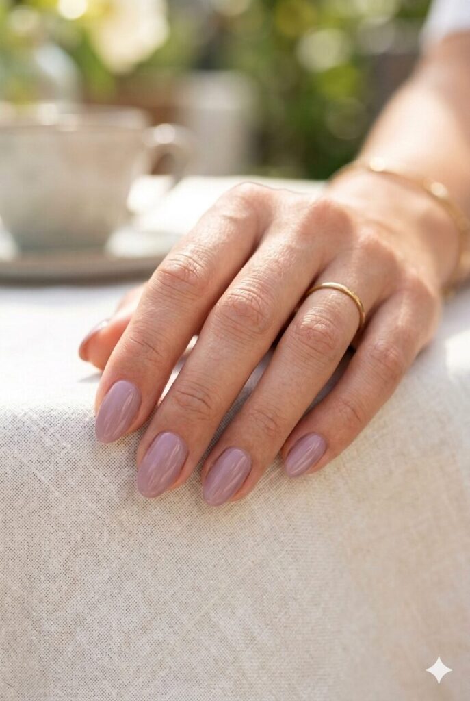 Short oval nails with creamy mauve glossy polish