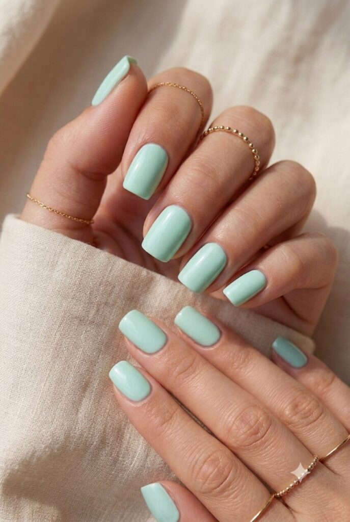 Short square nails with soft mint green glossy polish