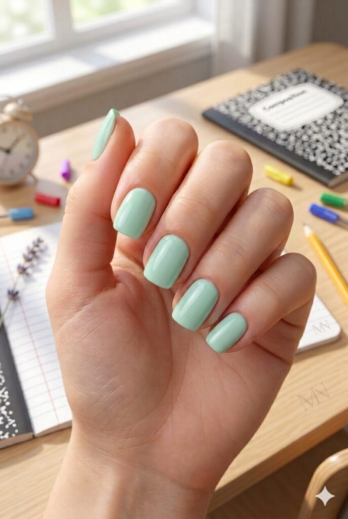 Short square nails with soft mint green glossy polish