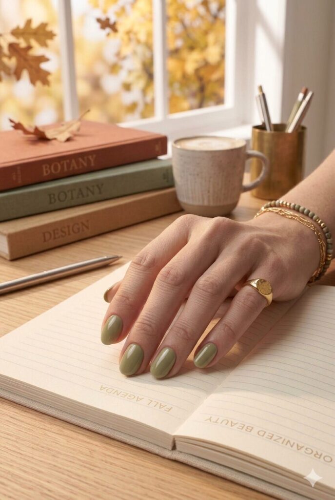 Short oval nails with soft olive green glossy fall polish