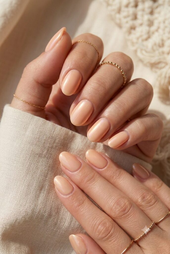 Short oval nails with creamy peach glazed glossy finish