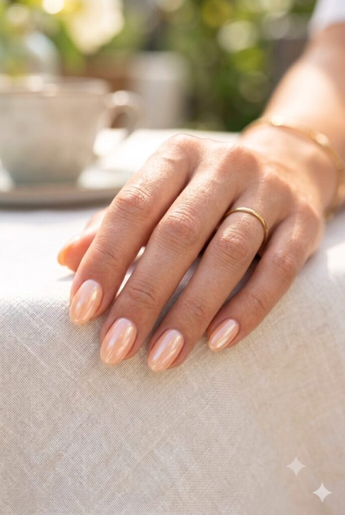 Short oval nails with creamy peach glazed glossy finish