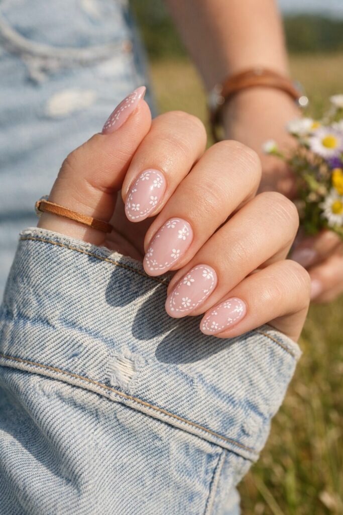 Short almond nails with soft pink base and bandana print details