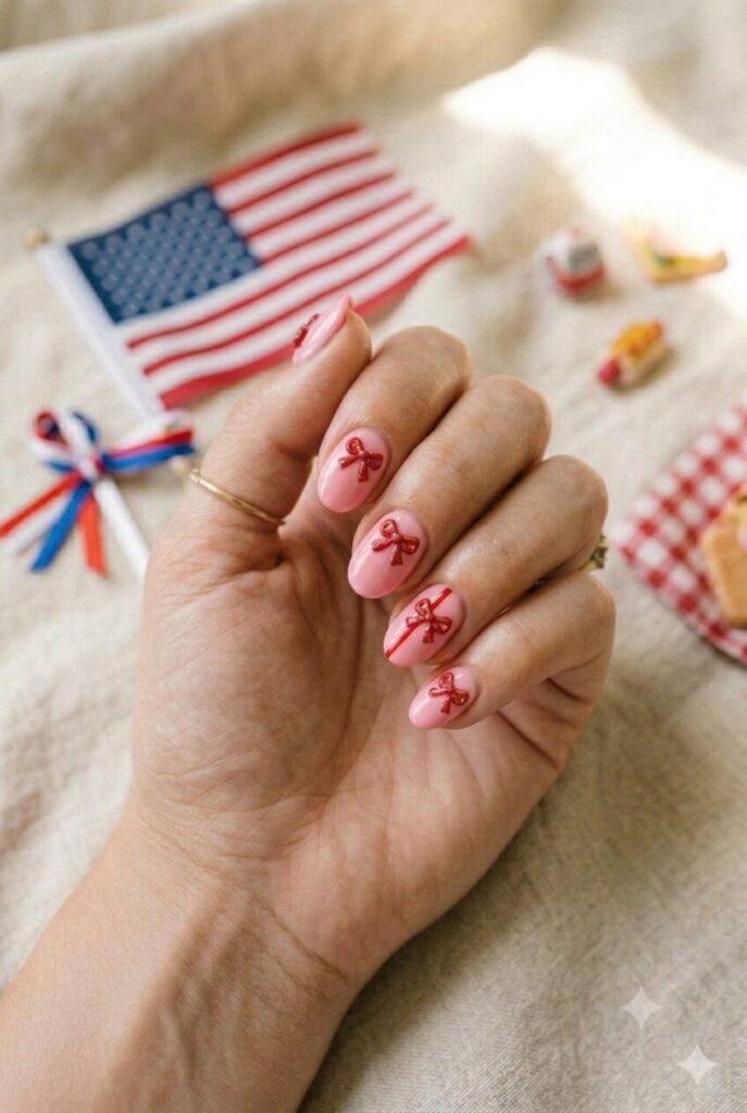 Short oval nails with soft pink polish red bows and stripe detail