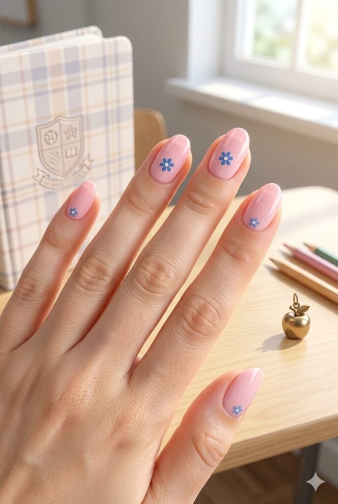 Short almond nails with soft pink glossy back-to-school polish