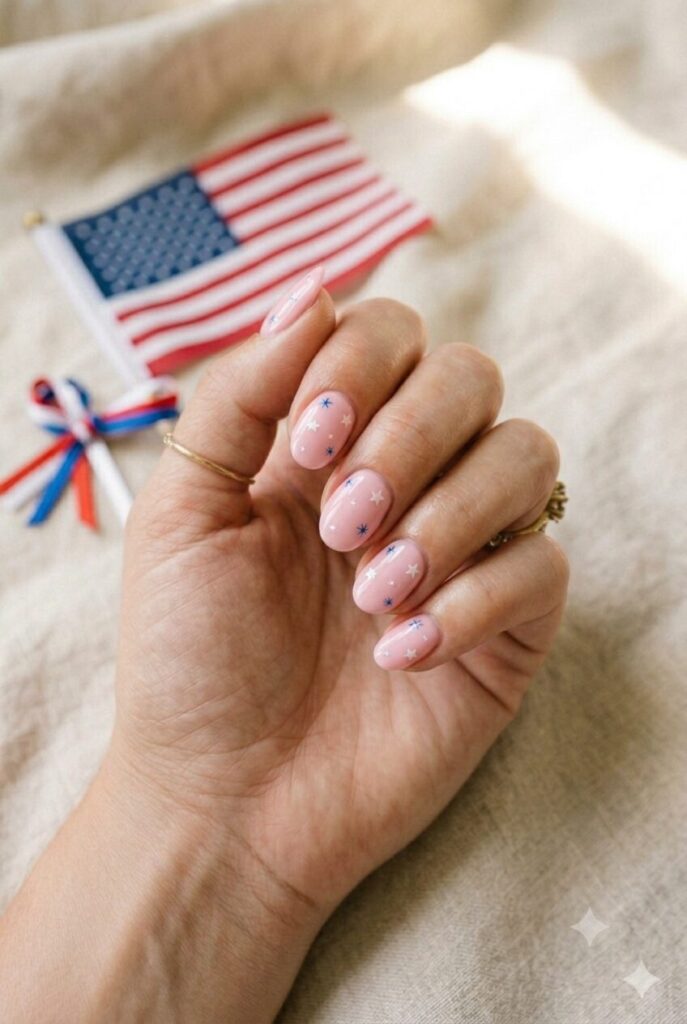 Short oval nails with soft pink polish and tiny star accents