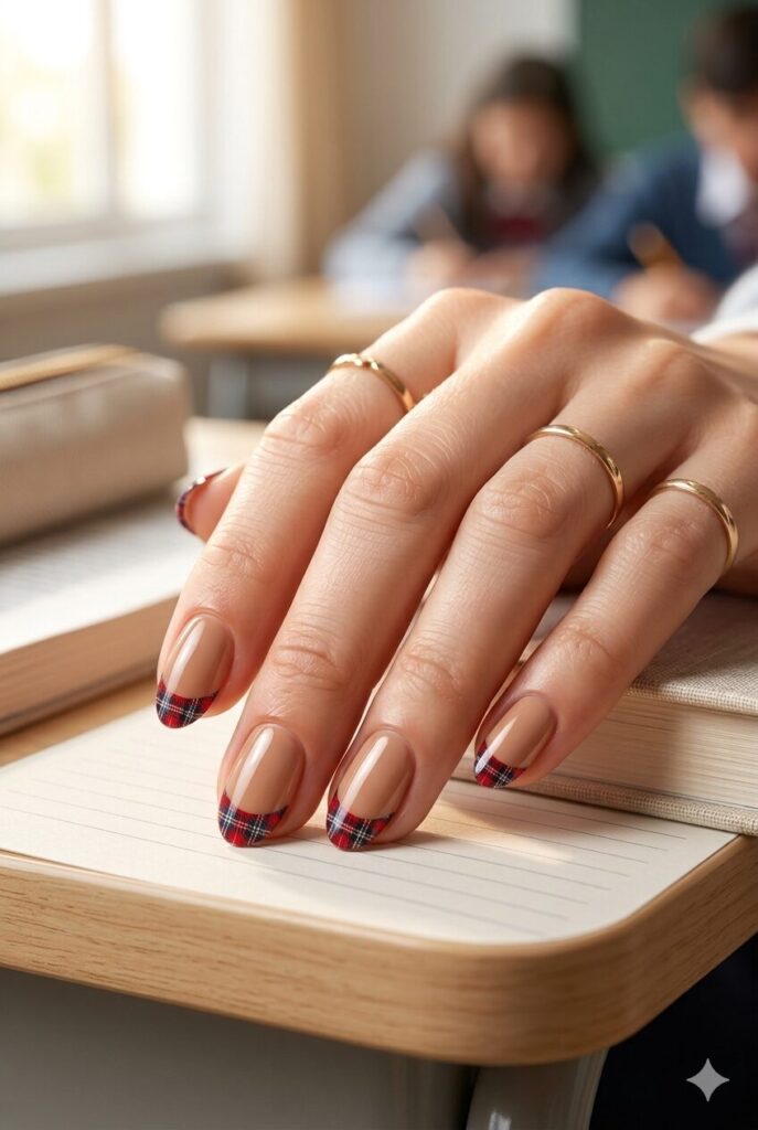 Short almond nails with nude base and red navy plaid French tips