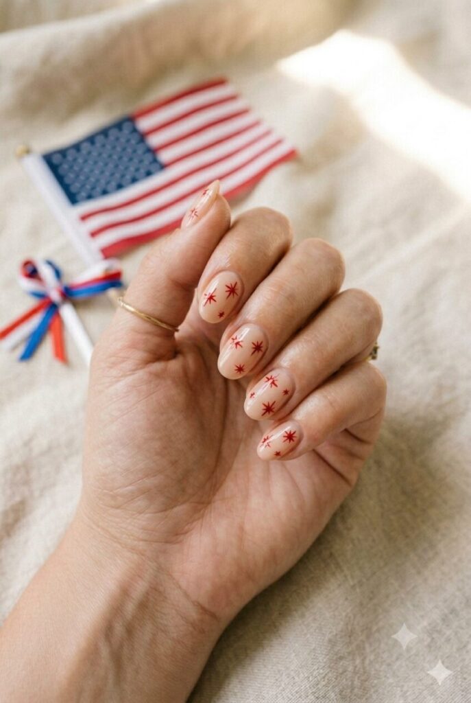 Short almond nails with nude base and tiny red star burst accents