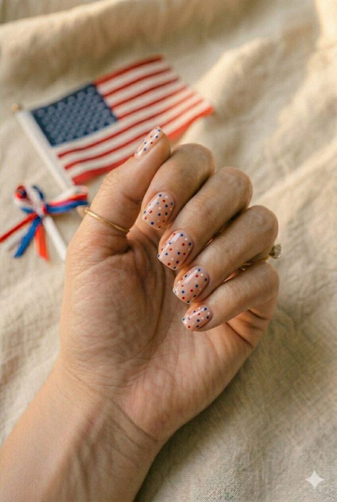 Short square nails with red white and blue polka dot details