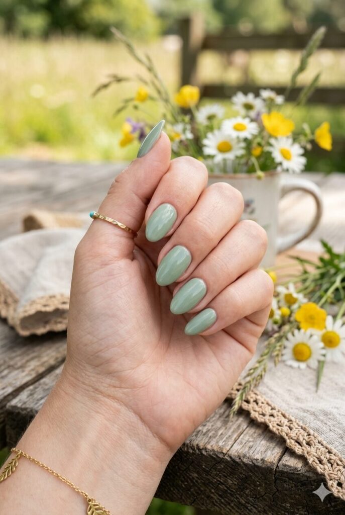 Short almond nails with soft sage green glossy country polish