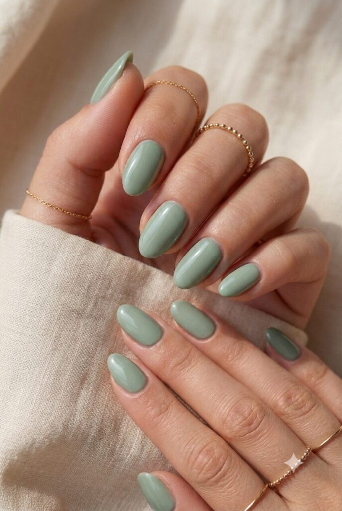 Short almond nails with muted sage green glossy polish